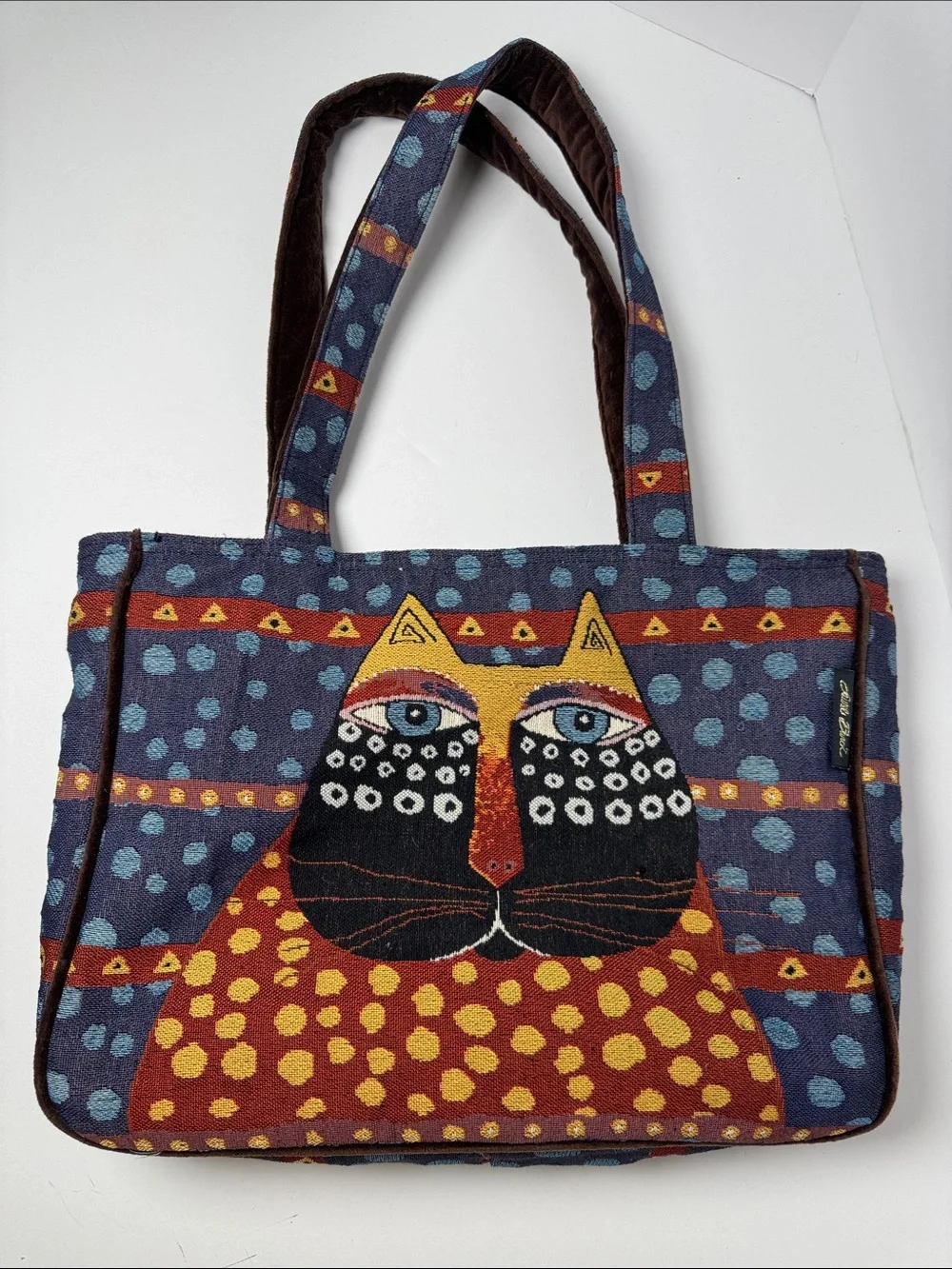 LAUREL BURCH Cat Tapestry Tote Bag Multicolor Brown Velvet Straps Zipper Closure